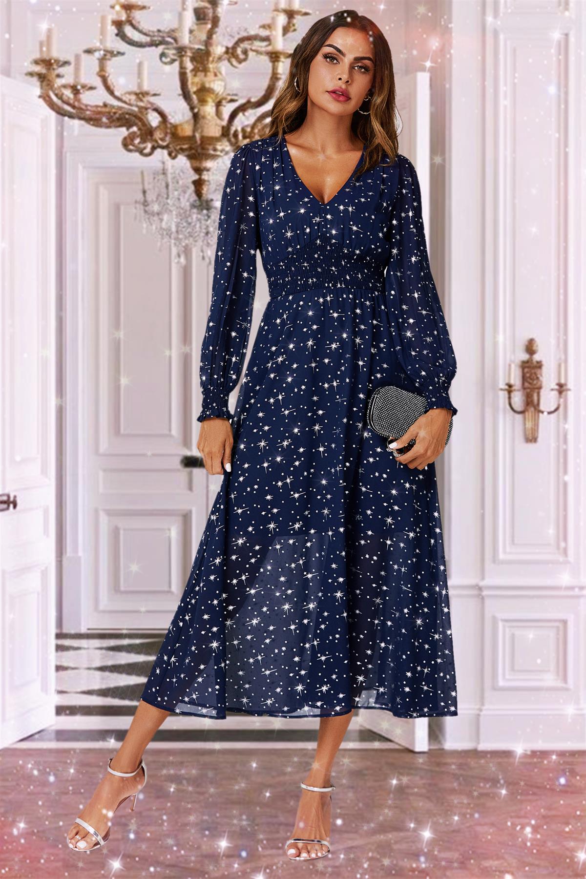 Silver Star Foil Long Sleeve Maxi Dress In Navy - AXON