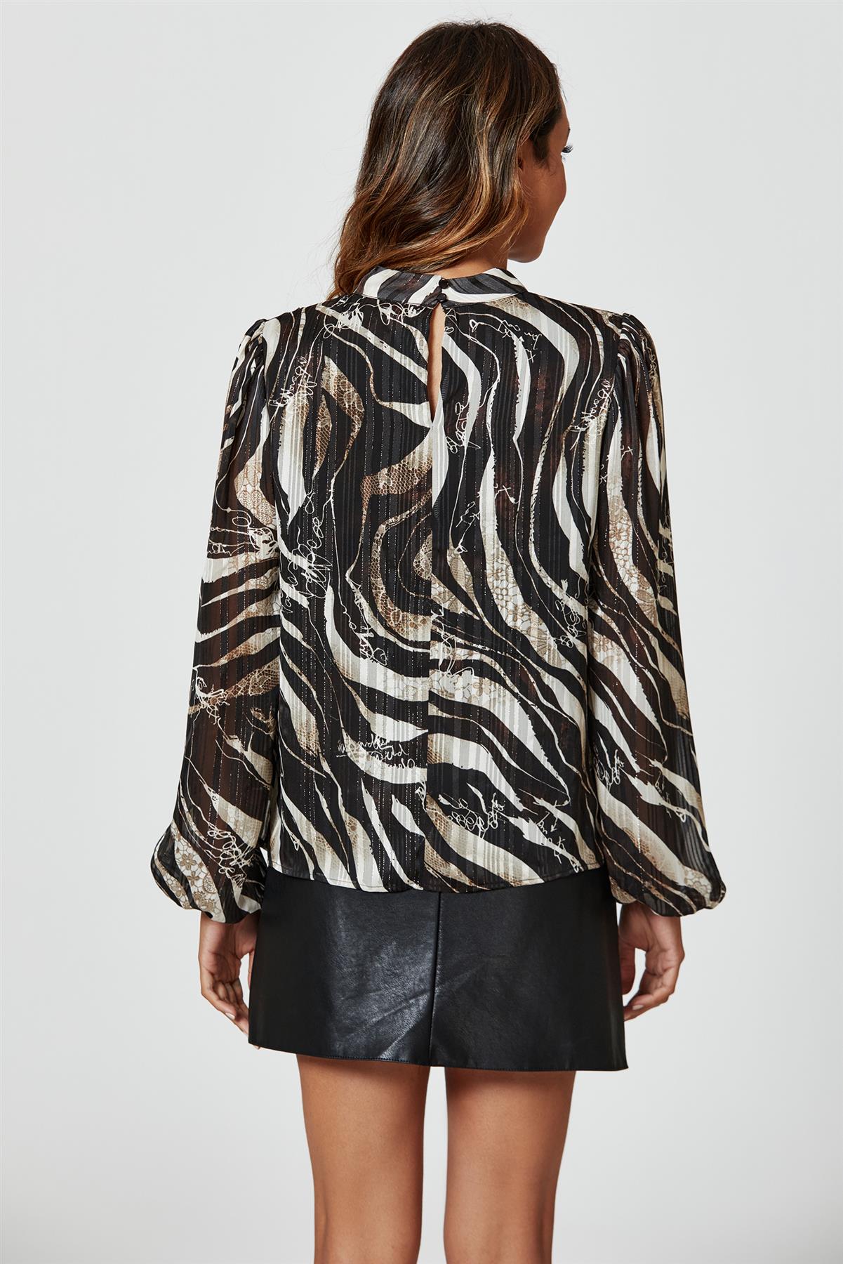 Silver Thread Zebra Print Long Sleeve Blouse Top In Black - AXON