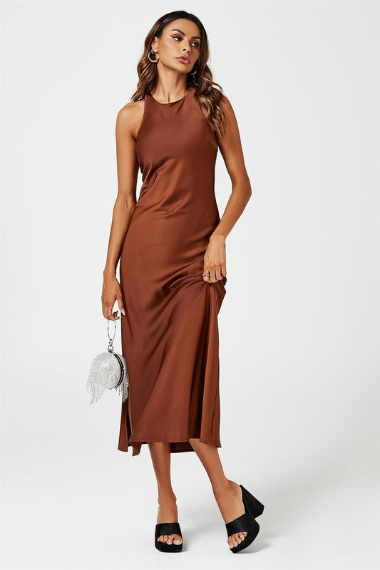Slim - Fit Satin Midi Dress In Brown - AXON
