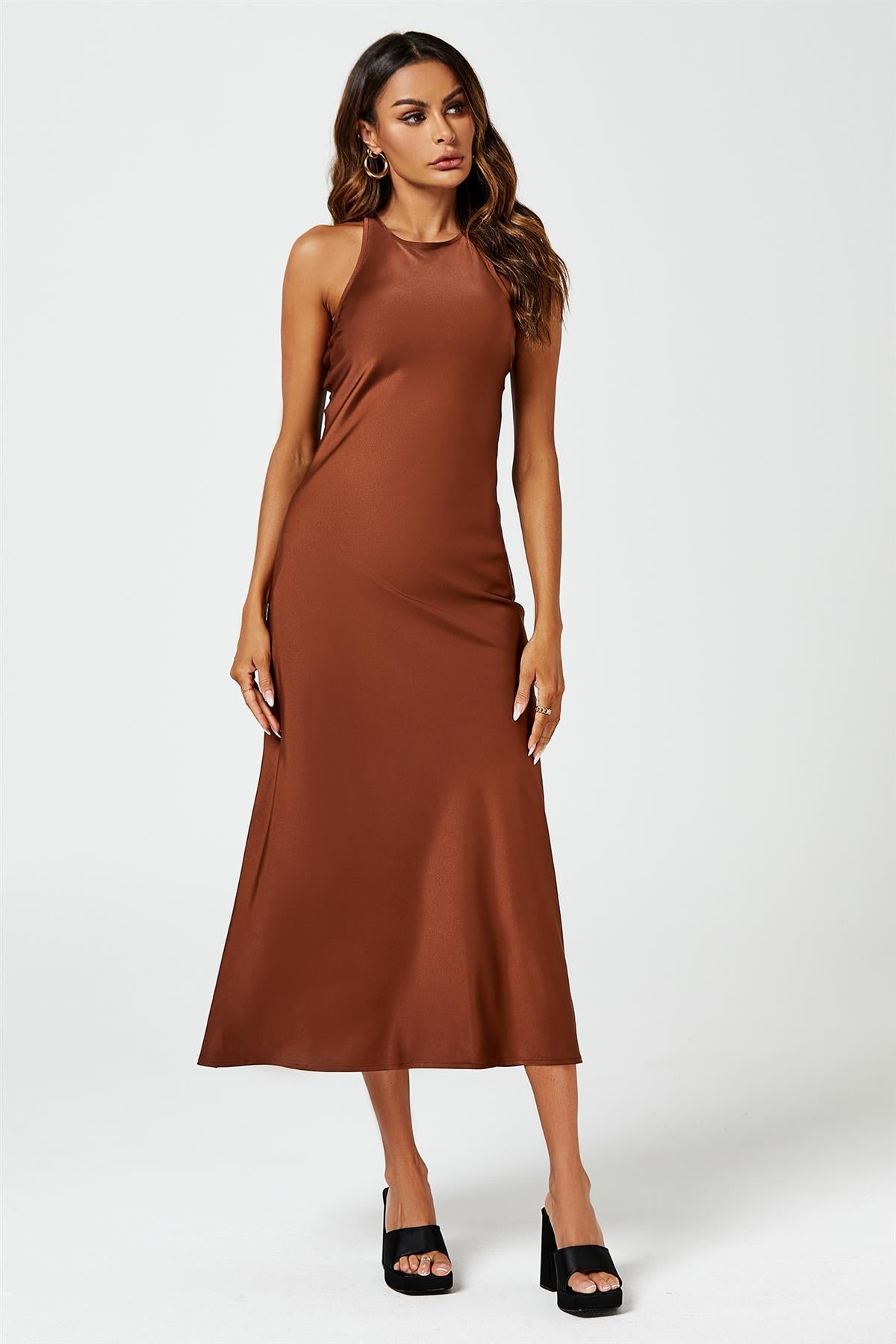 Slim - Fit Satin Midi Dress In Brown - AXON