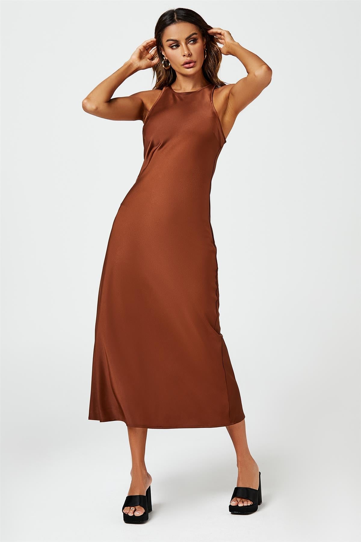 Slim - Fit Satin Midi Dress In Brown - AXON