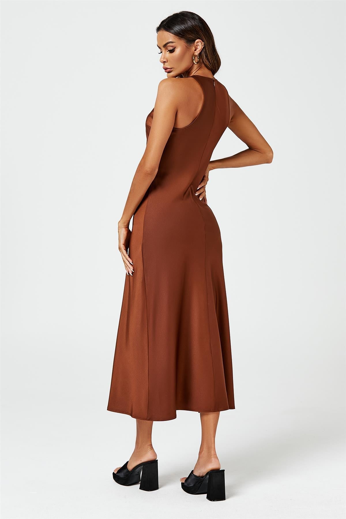 Slim - Fit Satin Midi Dress In Brown - AXON