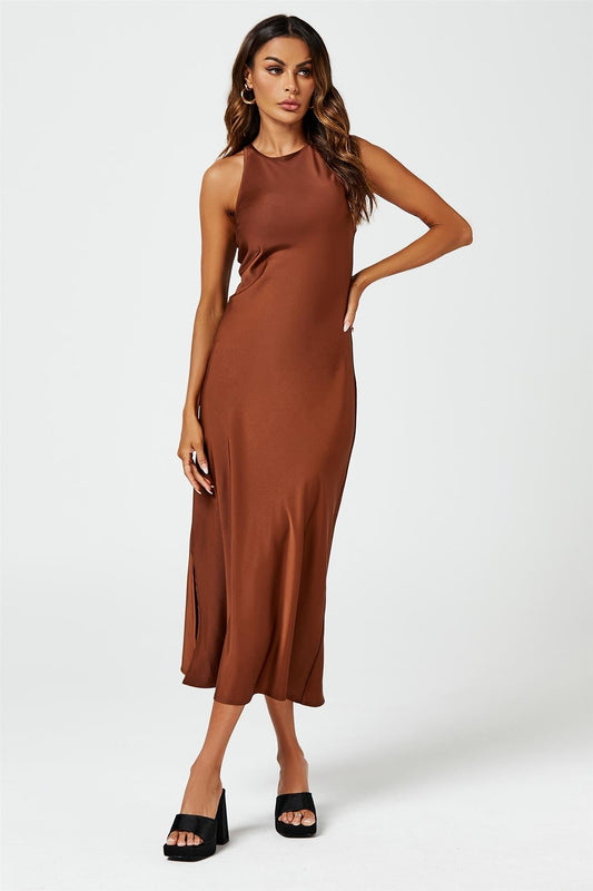 Slim - Fit Satin Midi Dress In Brown - AXON
