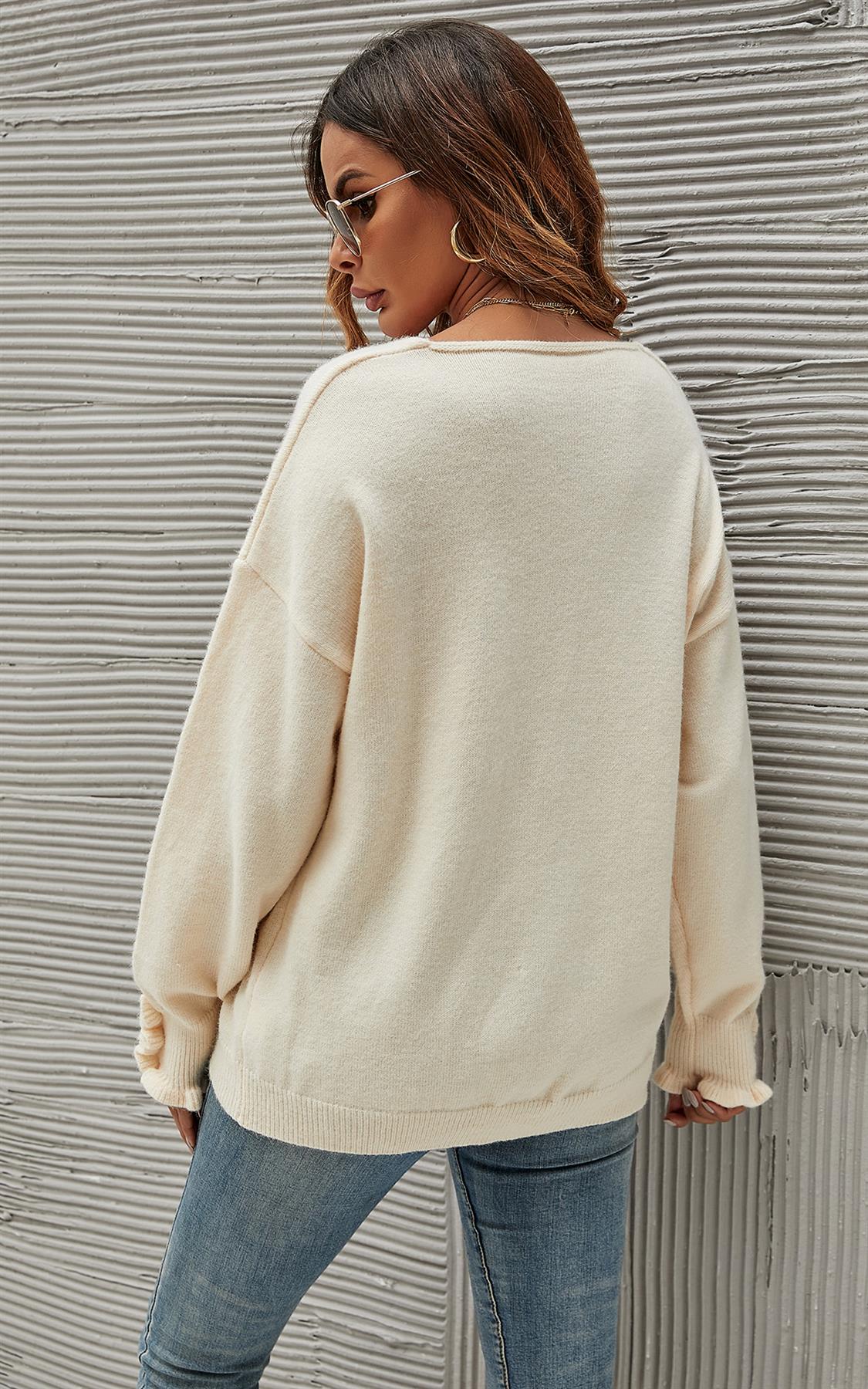 Soft V Neck Frill Detail Long Sleeve Jumper Top In Light Beige - AXON