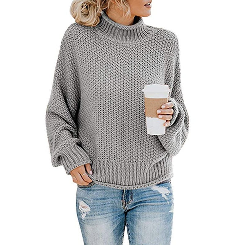 Solid Turtleneck Pullover Sweater Winter Fashion Casual Knitted Long - Sleeved Top Women's Clothing - AXON