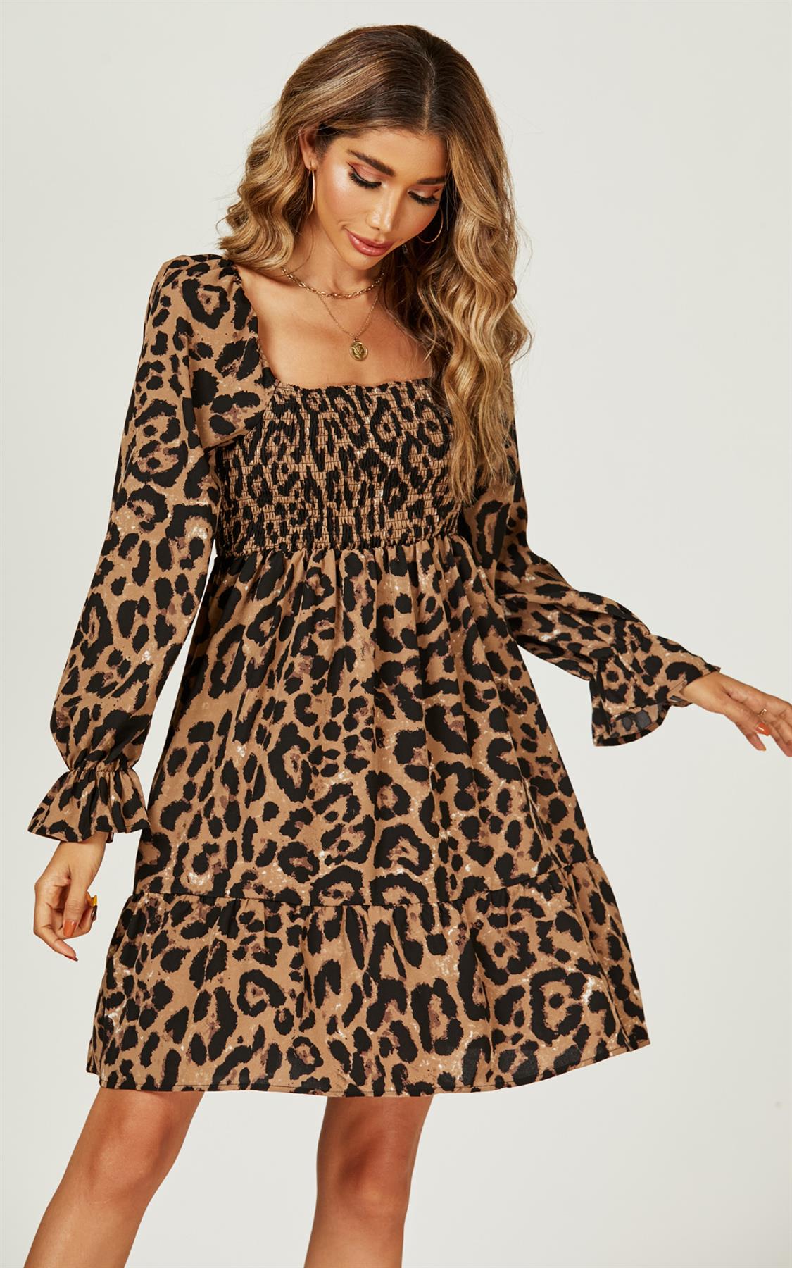 Square Neck Puff Sleeve Mini Dress In Leopard Print - AXON