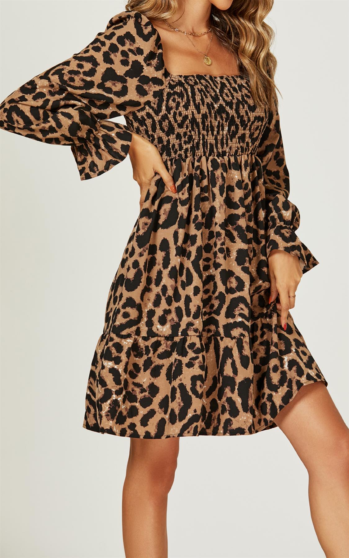 Square Neck Puff Sleeve Mini Dress In Leopard Print - AXON