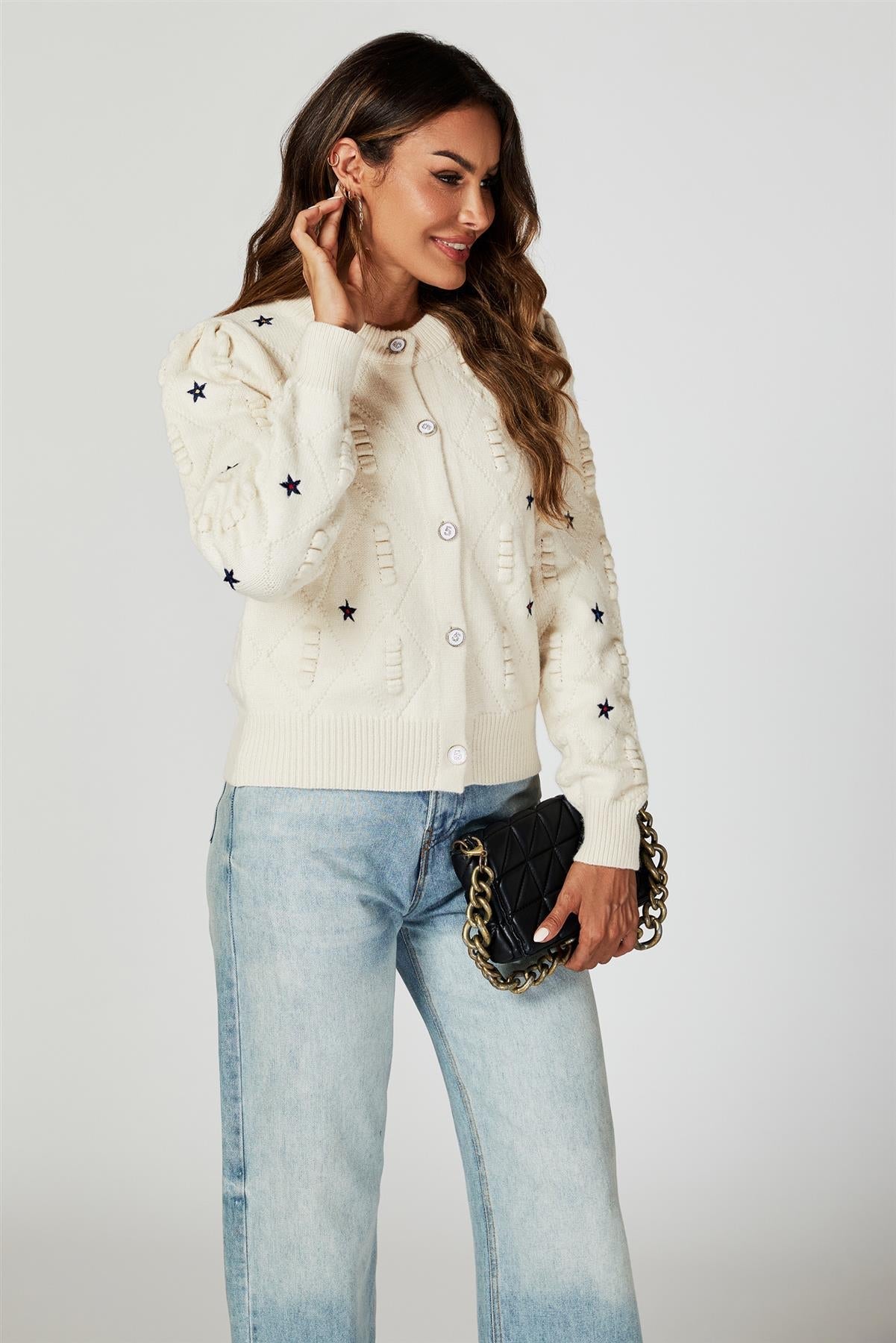 Star Embroidered Knitted Cardigan In Bone White - AXON