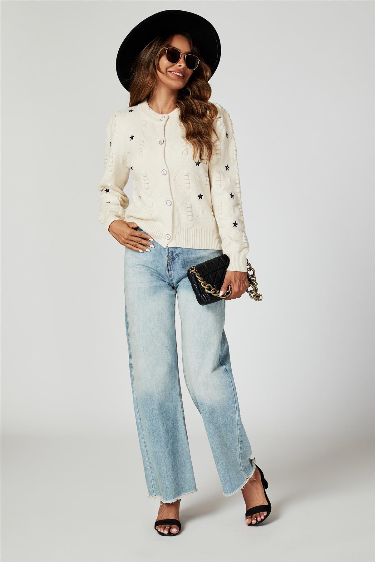 Star Embroidered Knitted Cardigan In Bone White - AXON