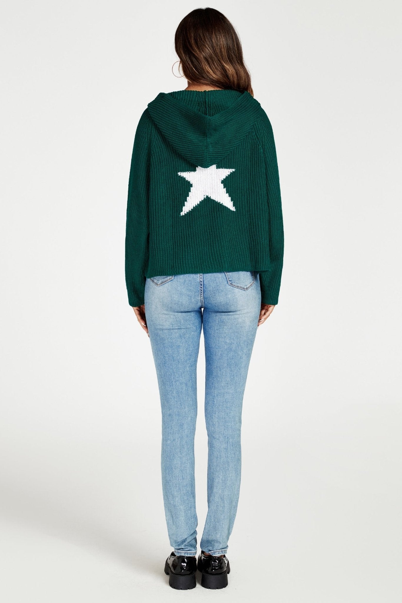 Star Pattern Knitted Hoodie in Green - AXON