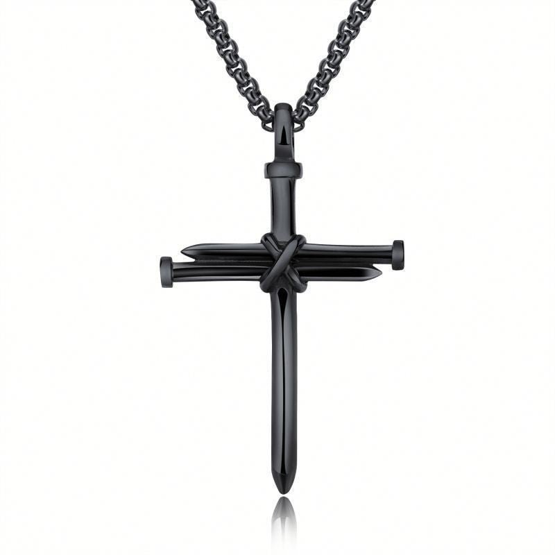 Steel Gold Black Color Fashion Men´s Iron Nail Cross Pendant Necklace Stainless Steel 3mm Round Box Chain Jewelry Gift For Men - AXON