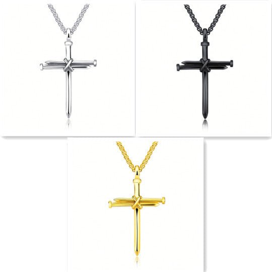 Steel Gold Black Color Fashion Men´s Iron Nail Cross Pendant Necklace Stainless Steel 3mm Round Box Chain Jewelry Gift For Men - AXON