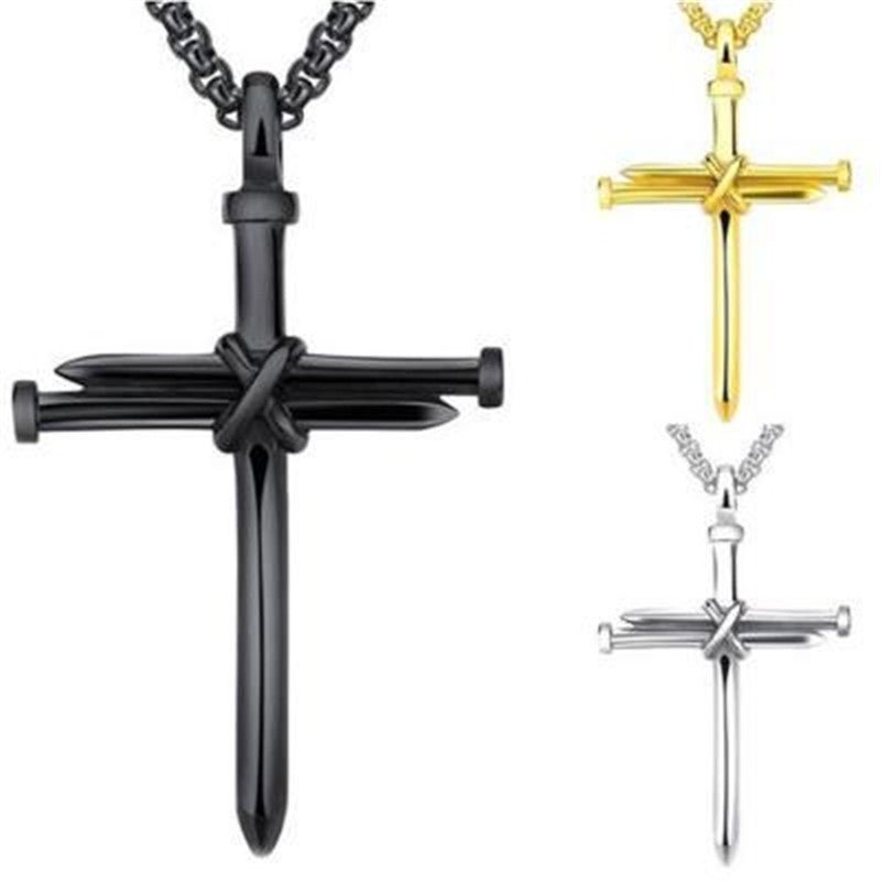Steel Gold Black Color Fashion Men´s Iron Nail Cross Pendant Necklace Stainless Steel 3mm Round Box Chain Jewelry Gift For Men - AXON