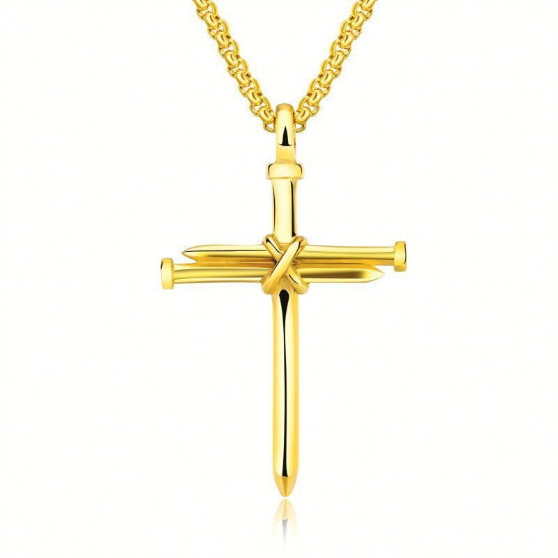 Steel Gold Black Color Fashion Men´s Iron Nail Cross Pendant Necklace Stainless Steel 3mm Round Box Chain Jewelry Gift For Men - AXON