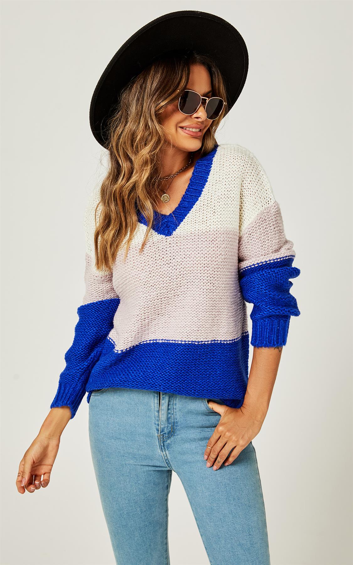 Stripe Block Colour Relaxed Knit Jumper Top In Blue & White - AXON