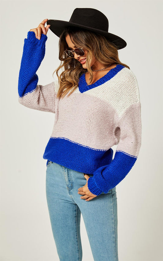 Stripe Block Colour Relaxed Knit Jumper Top In Blue & White - AXON
