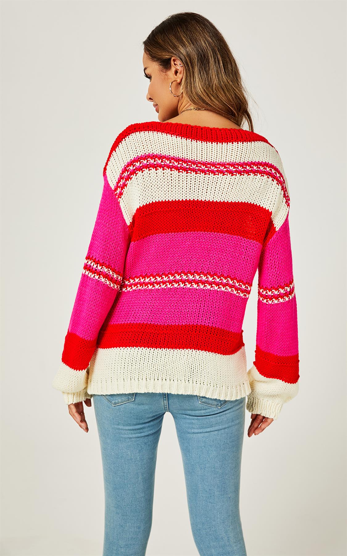 Stripe Block Colour Relaxed Knit Jumper Top In Cream & Pink - AXON