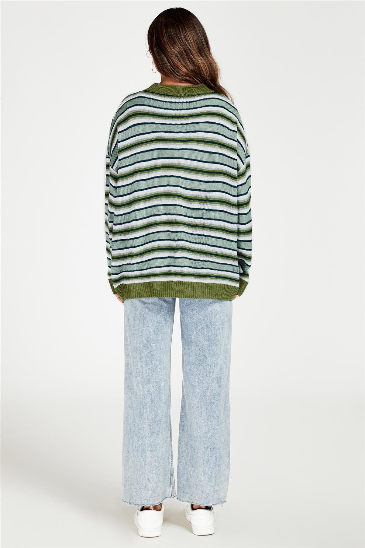 Stripe Block Relaxed Knit Jumper Top In Green - AXON