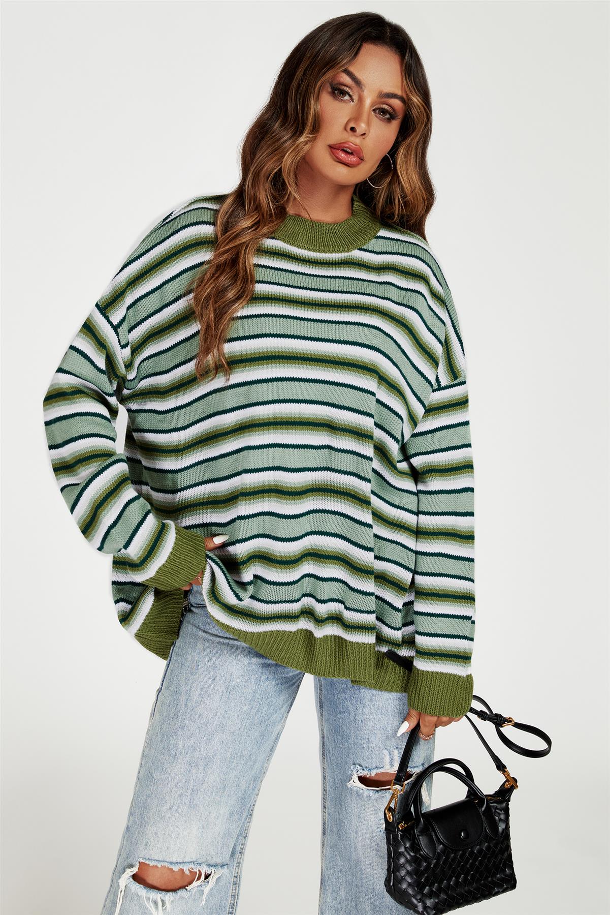 Stripe Block Relaxed Knit Jumper Top In Green - AXON