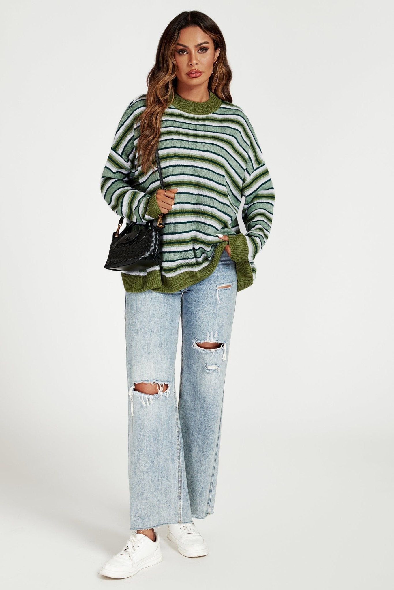 Stripe Block Relaxed Knit Jumper Top in Green - AXON