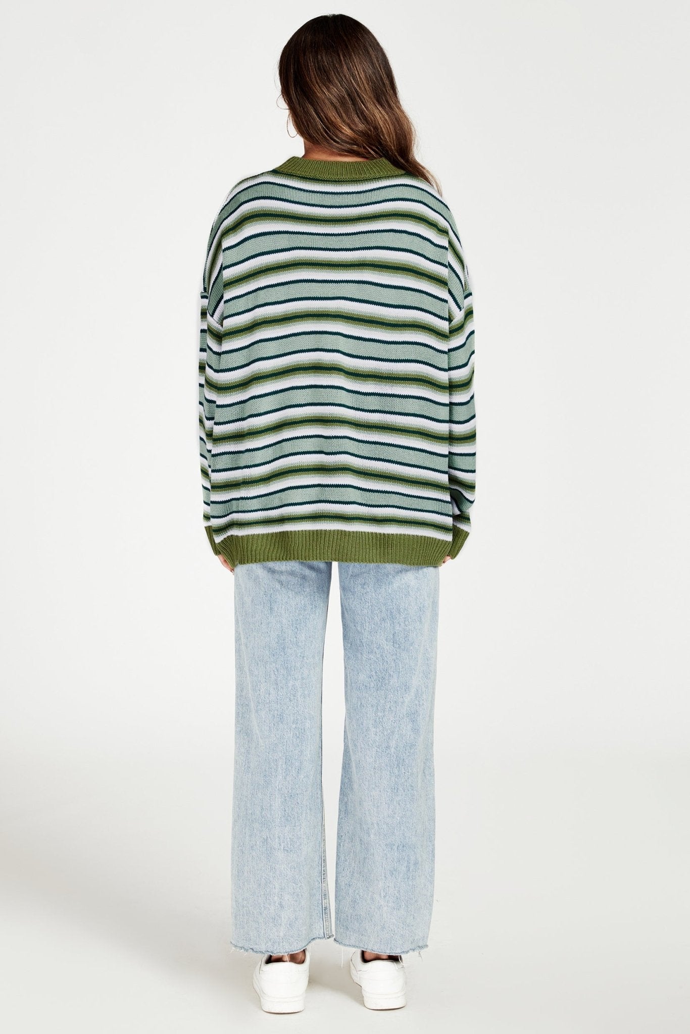 Stripe Block Relaxed Knit Jumper Top in Green - AXON