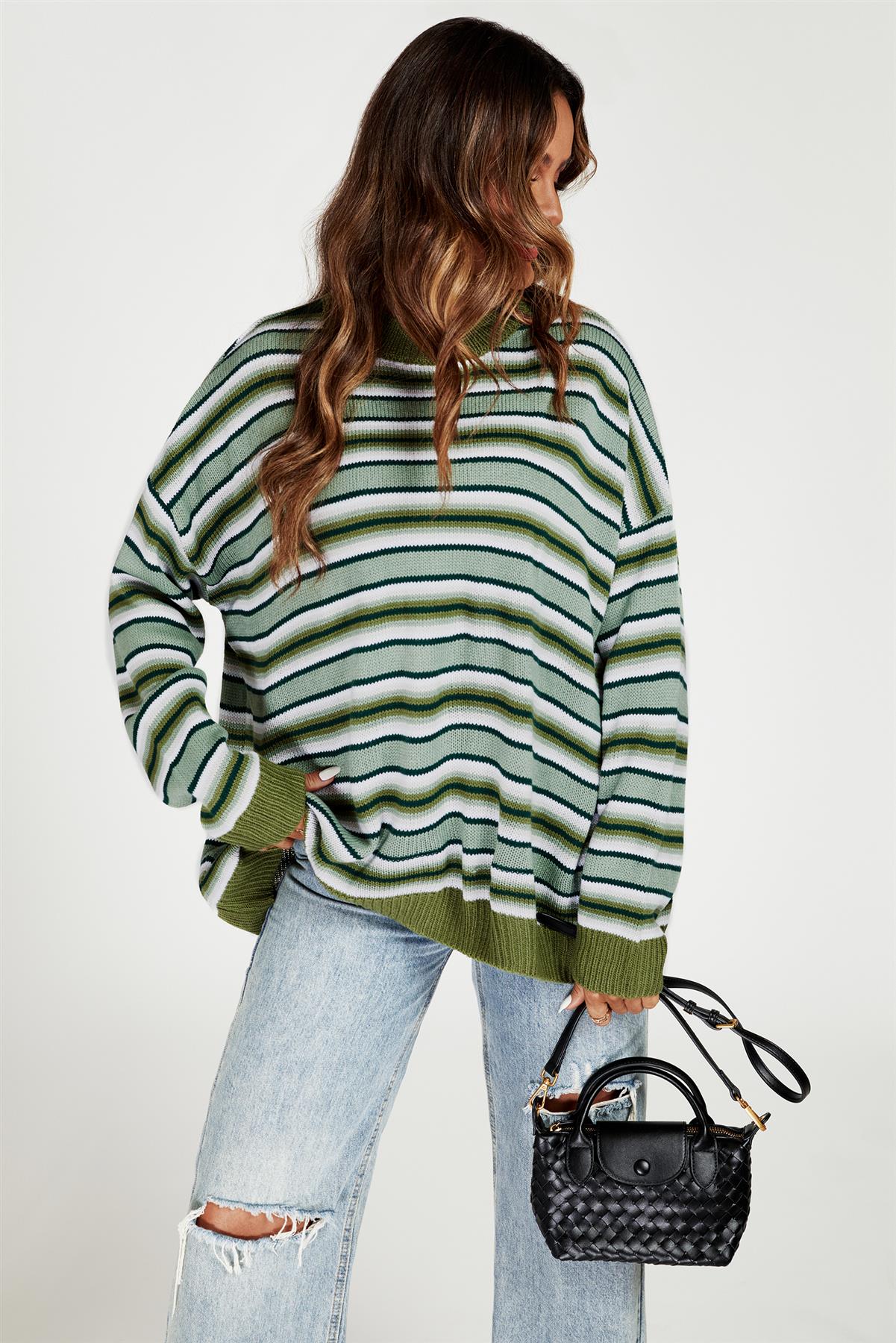 Stripe Block Relaxed Knit Jumper Top In Green - AXON
