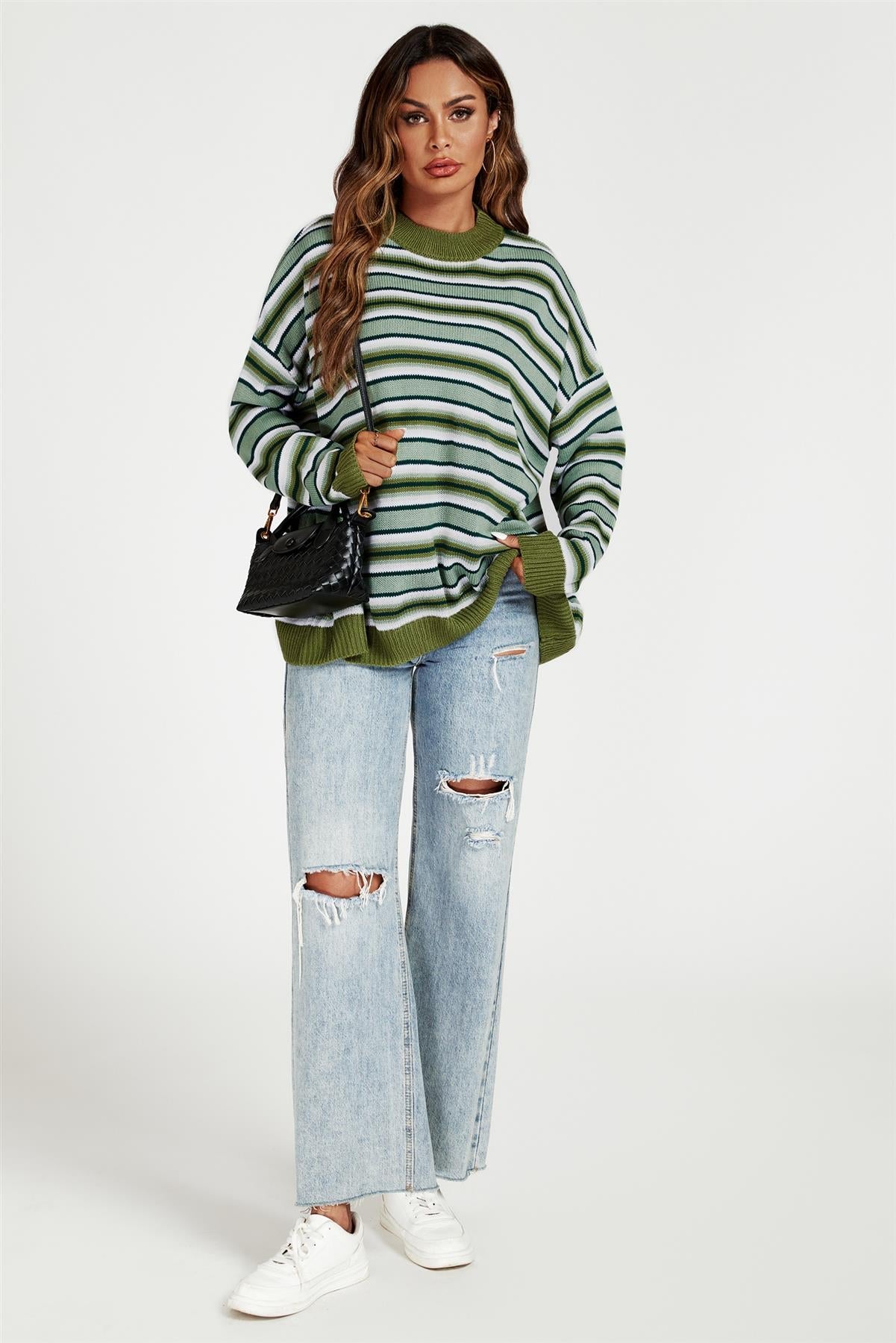 Stripe Block Relaxed Knit Jumper Top In Green - AXON