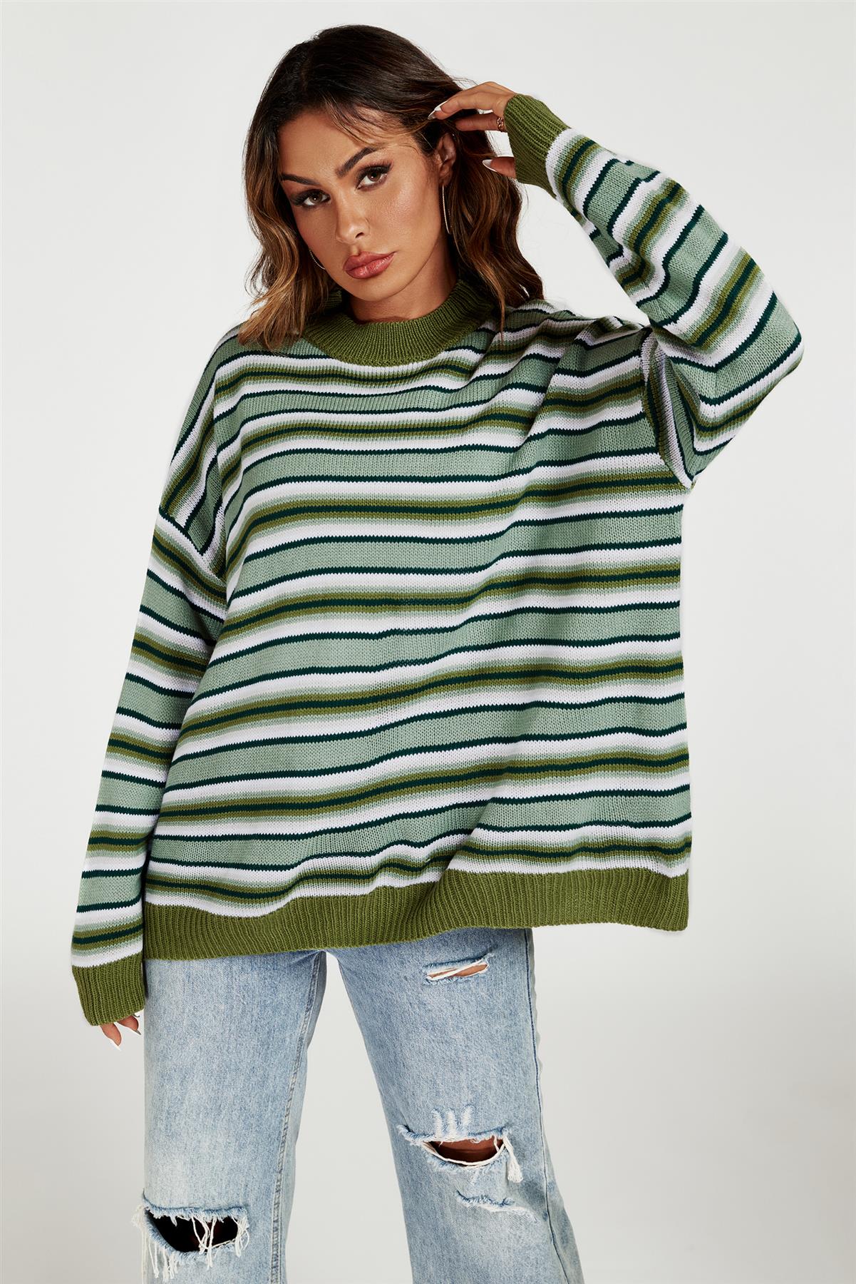 Stripe Block Relaxed Knit Jumper Top In Green - AXON