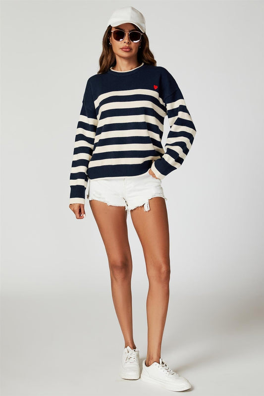 Stripe Jumper with Heart Embroidery In Navy - AXON