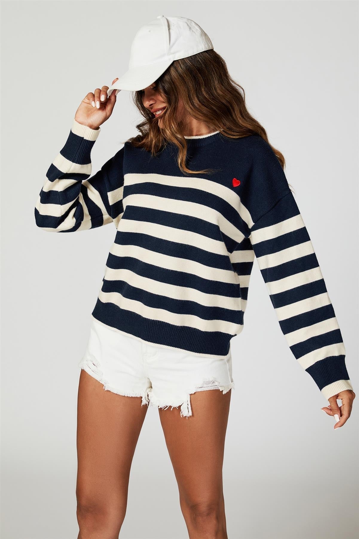 Stripe Jumper with Heart Embroidery In Navy - AXON