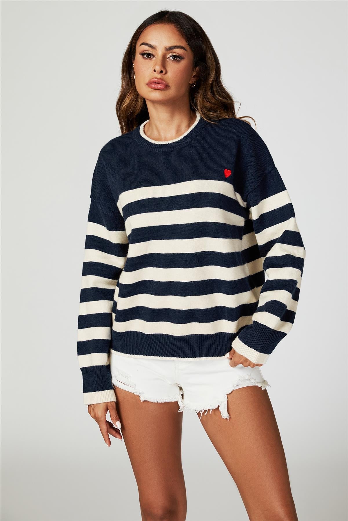 Stripe Jumper with Heart Embroidery In Navy - AXON