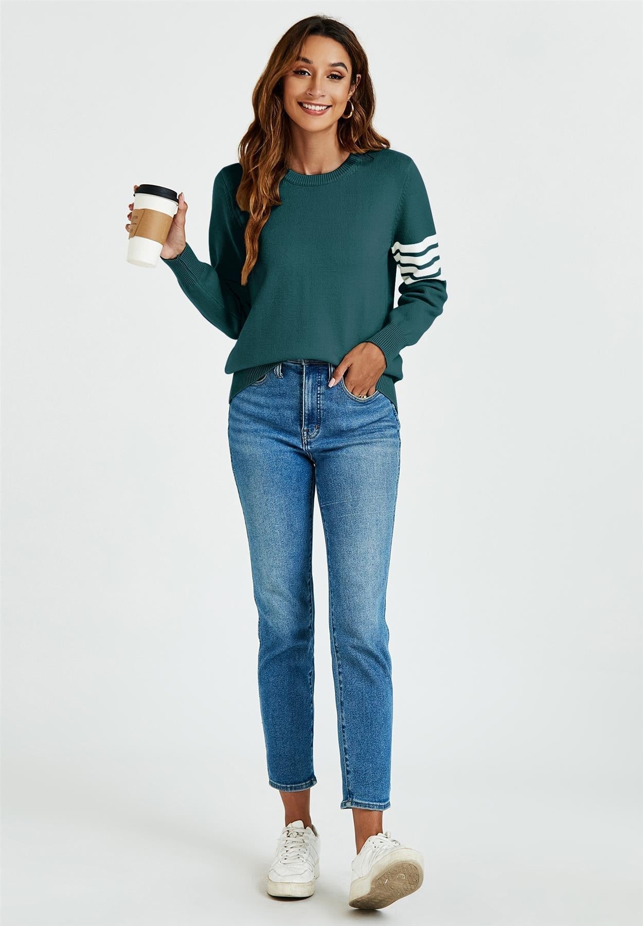 Stripe Pattern Jumper Top In Dark Green - AXON