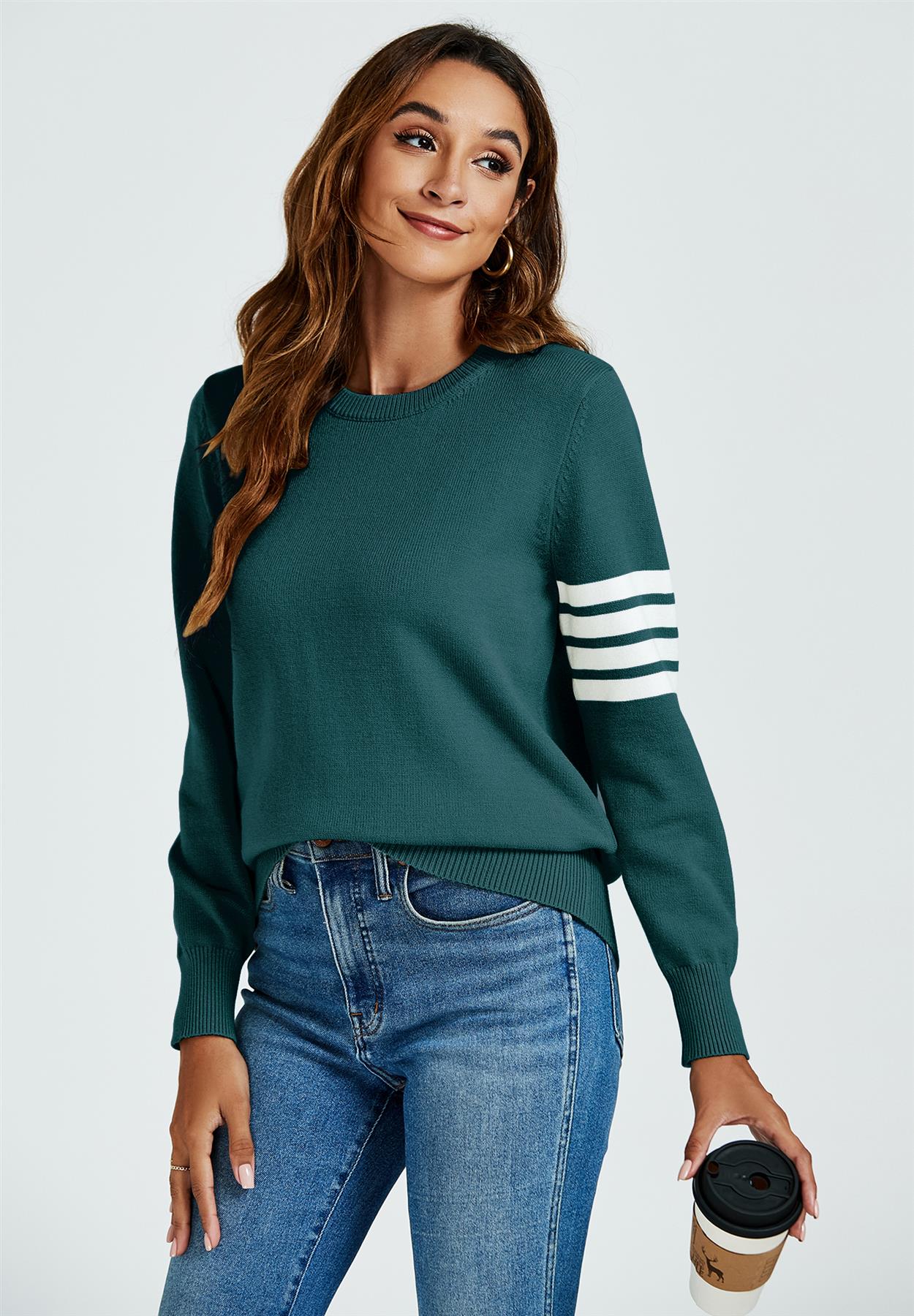 Stripe Pattern Jumper Top In Dark Green - AXON