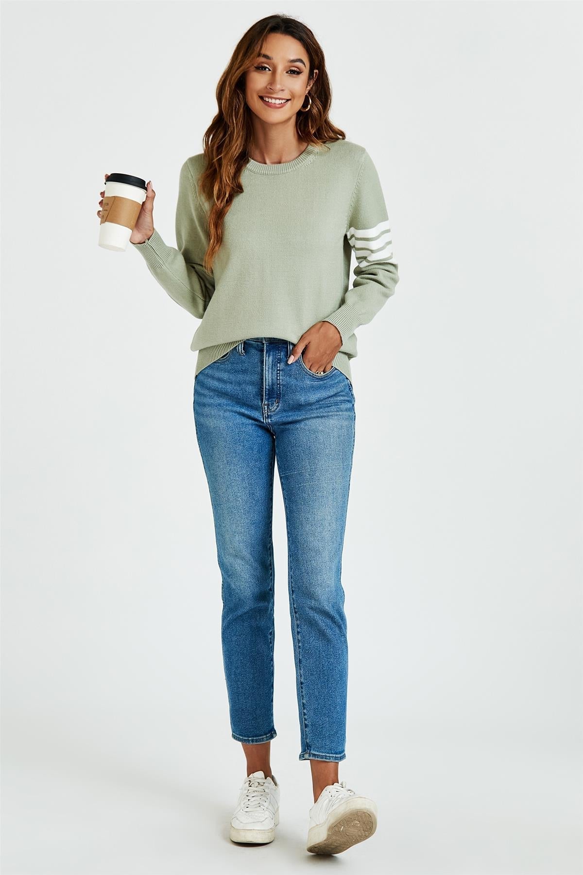 Stripe Pattern Jumper Top In Olive - AXON