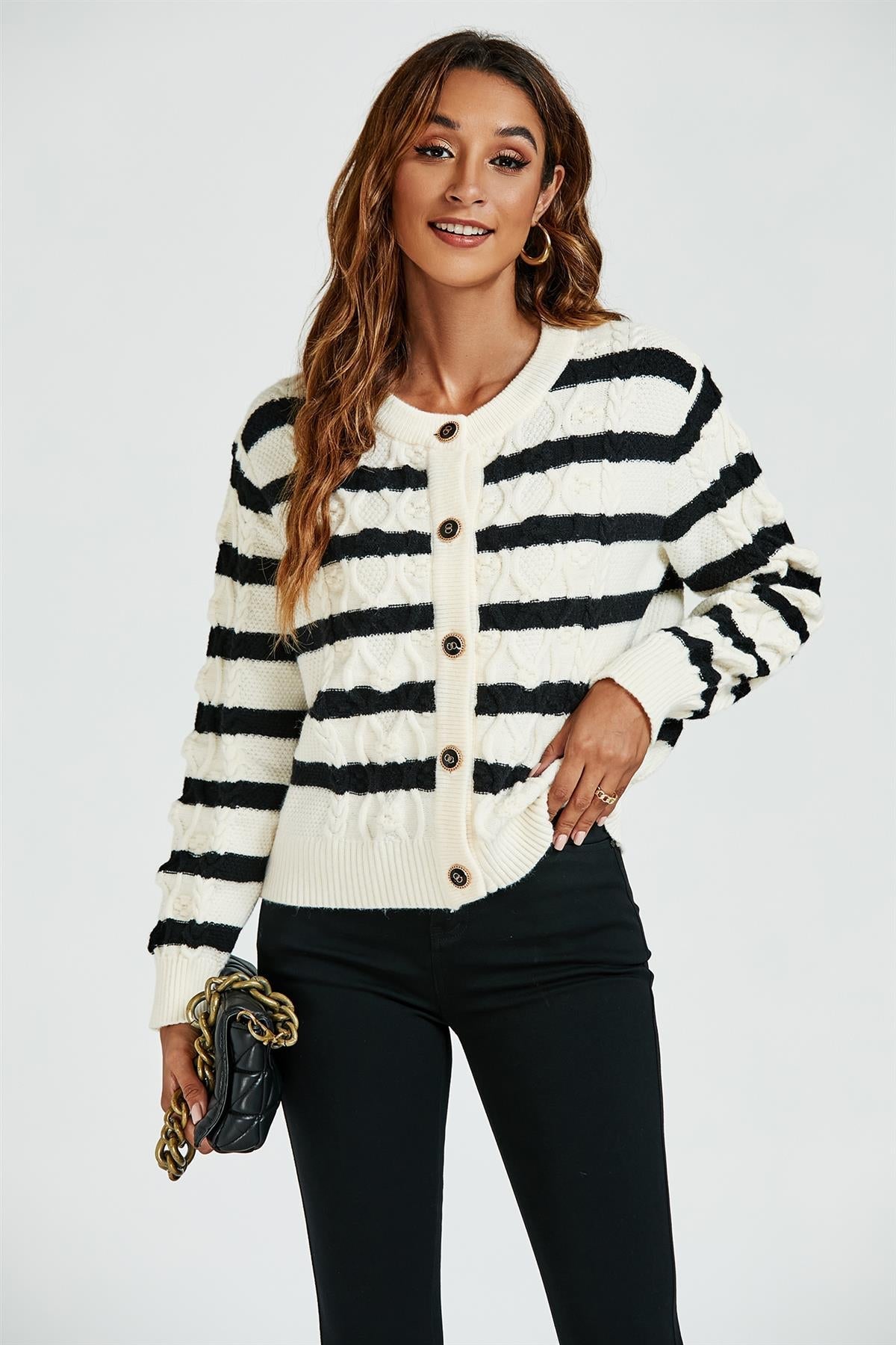 Stripe Pattern Knitted Cardigan In Black - AXON