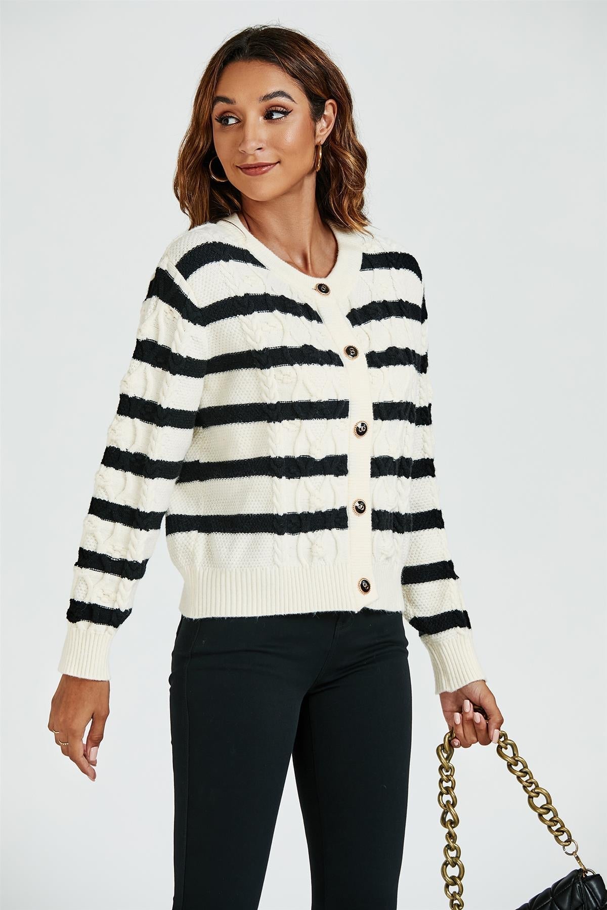 Stripe Pattern Knitted Cardigan In Black - AXON