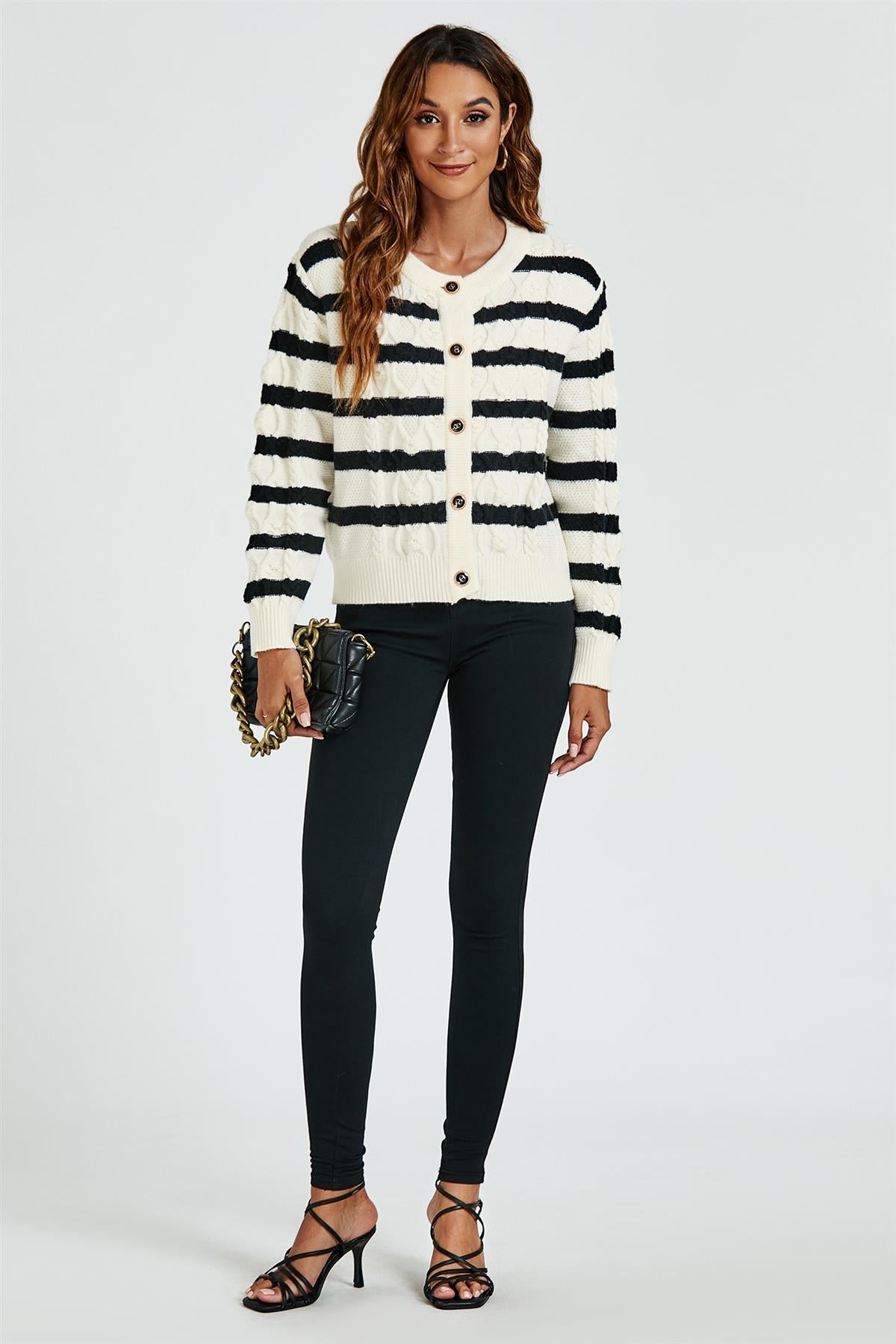 Stripe Pattern Knitted Cardigan In Black - AXON