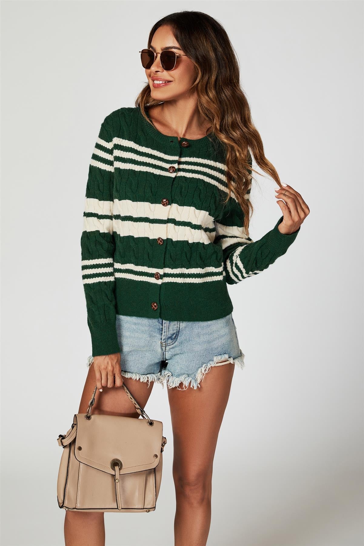 Stripe Pattern Knitted Cardigan In Green - AXON