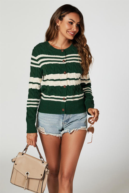 Stripe Pattern Knitted Cardigan In Green - AXON