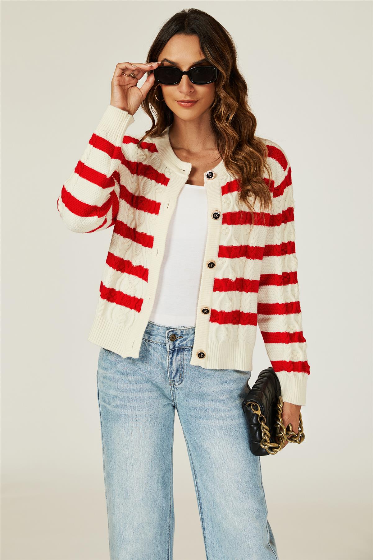 Stripe Pattern Knitted Cardigan In Red - AXON
