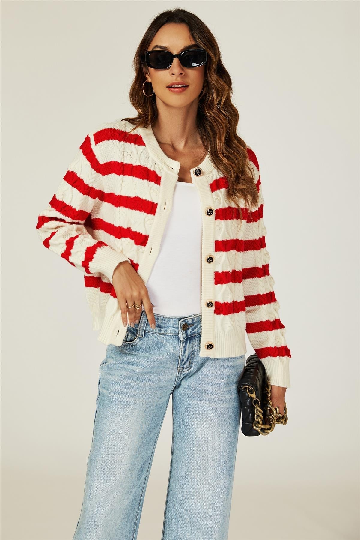 Stripe Pattern Knitted Cardigan In Red - AXON