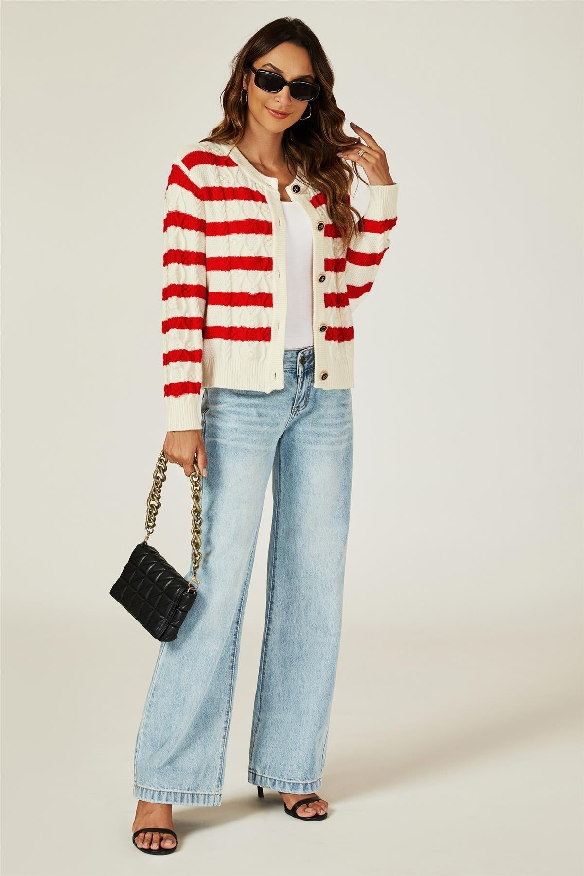 Stripe Pattern Knitted Cardigan In Red - AXON