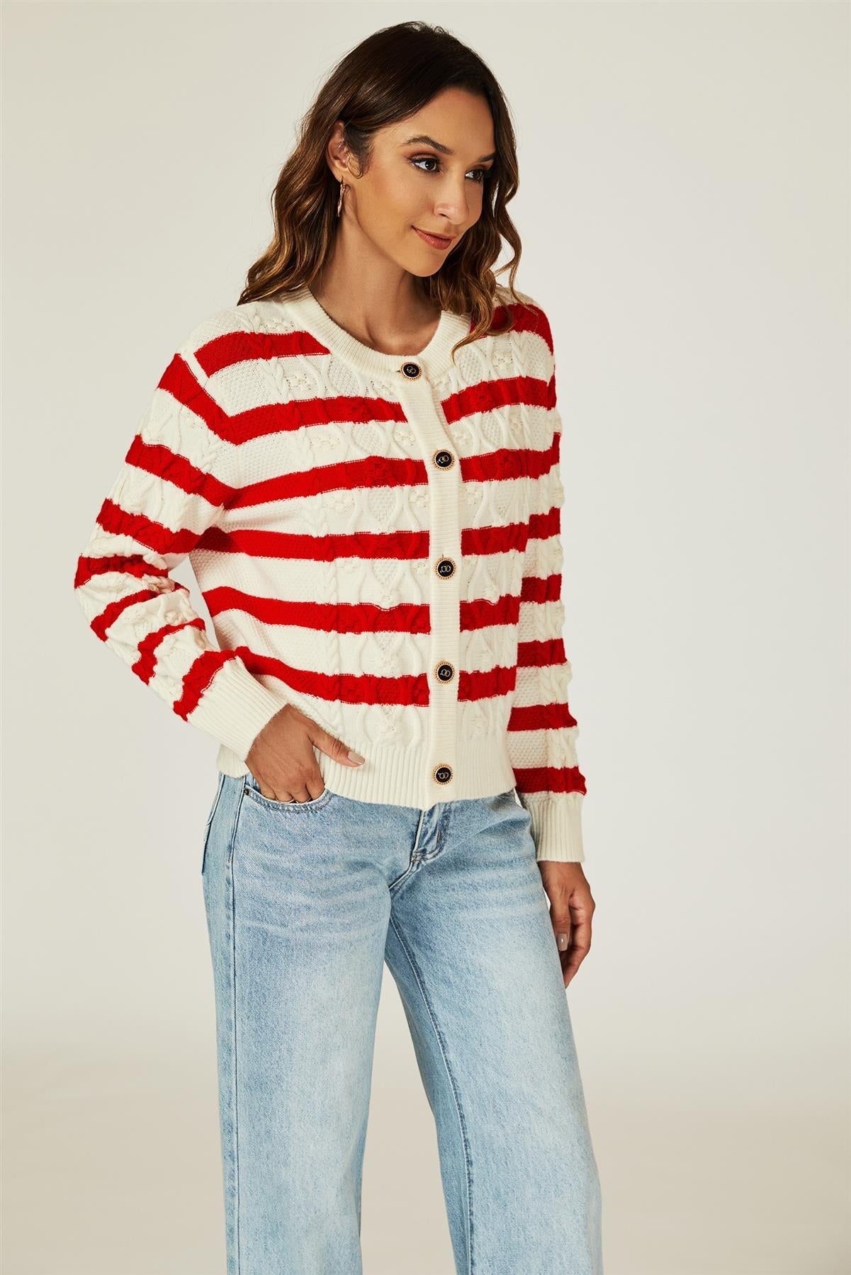 Stripe Pattern Knitted Cardigan In Red - AXON