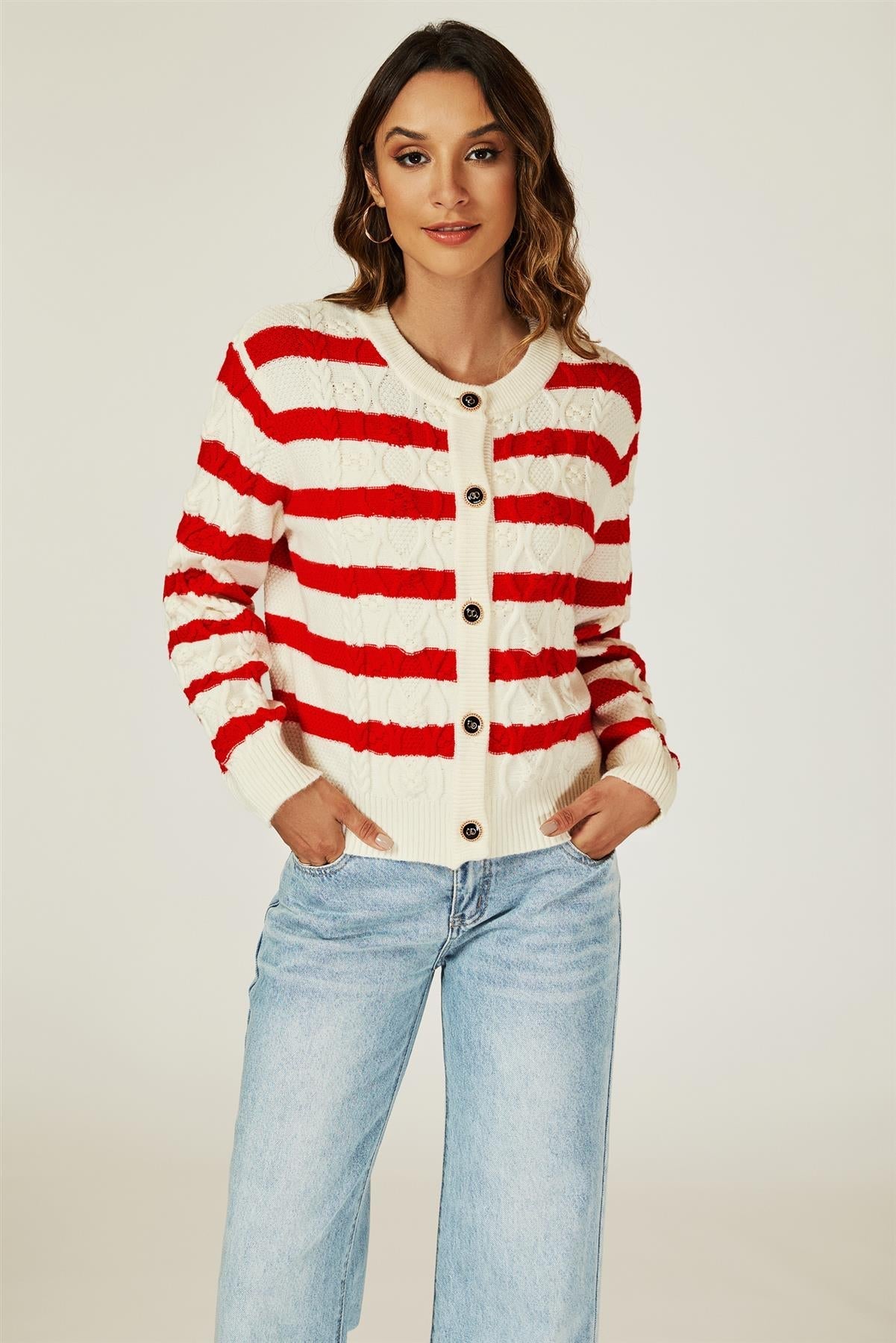 Stripe Pattern Knitted Cardigan In Red - AXON