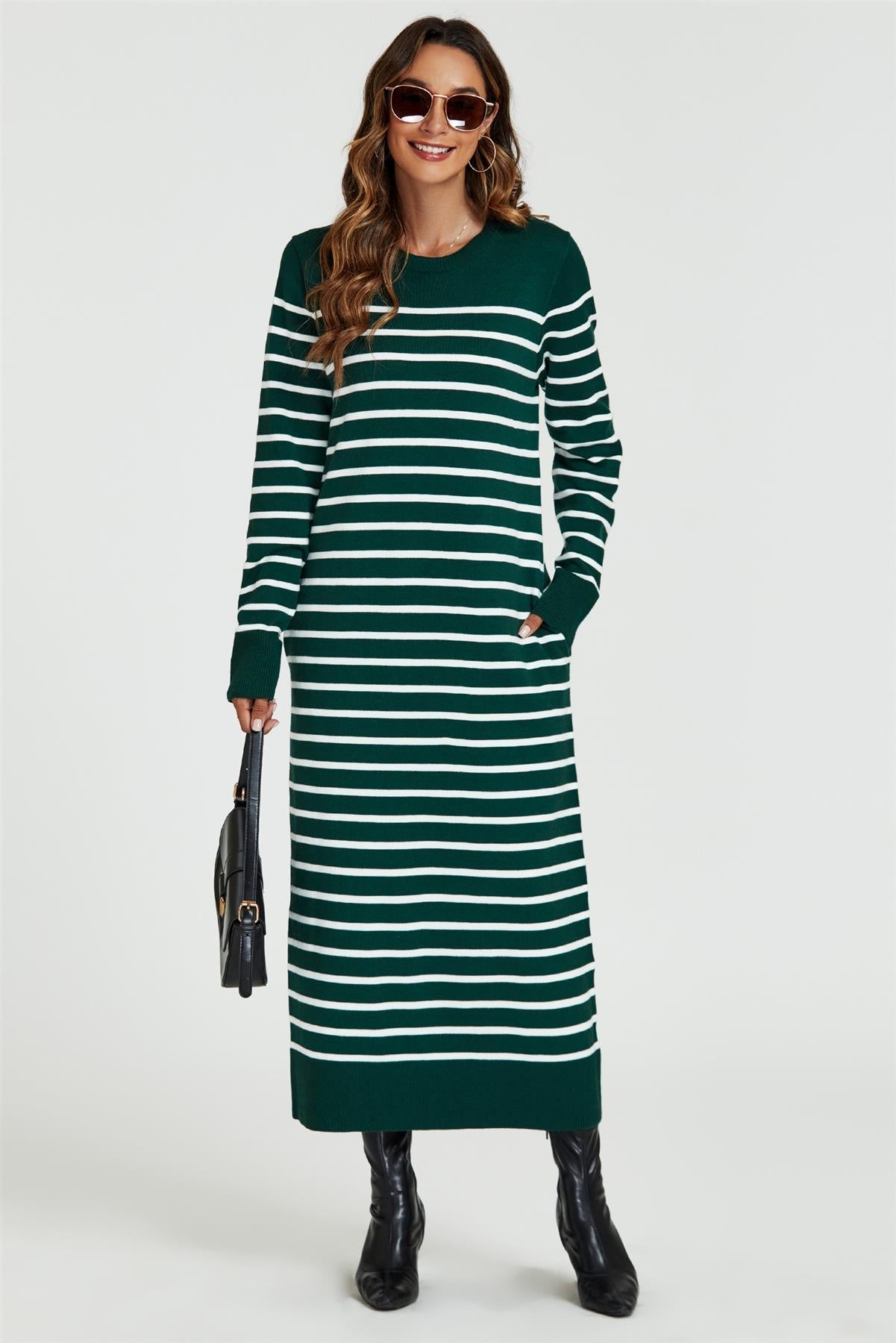Stripe Pattern Knitted Tunic Jumper Dress In Dark Green - AXON