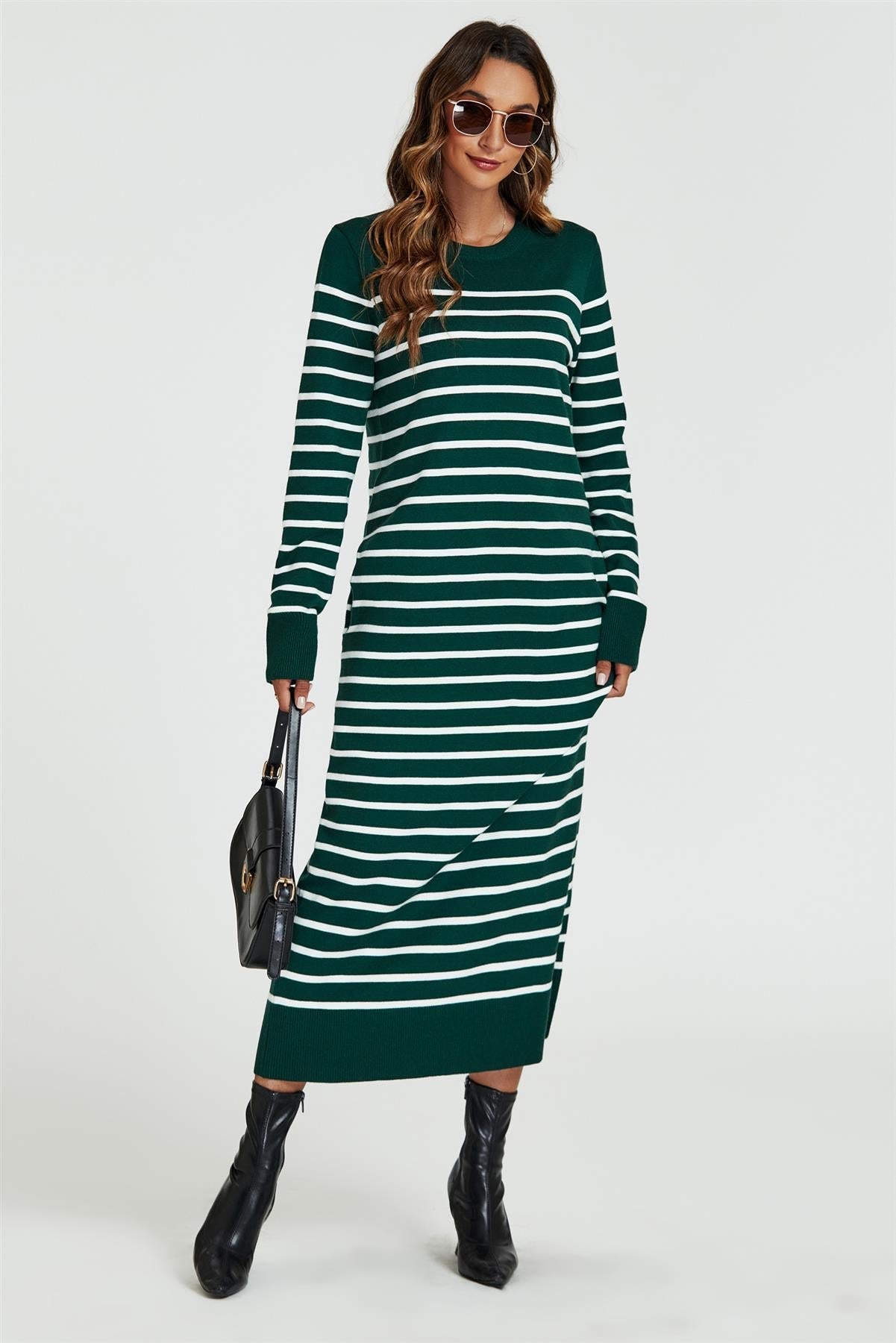Stripe Pattern Knitted Tunic Jumper Dress In Dark Green - AXON