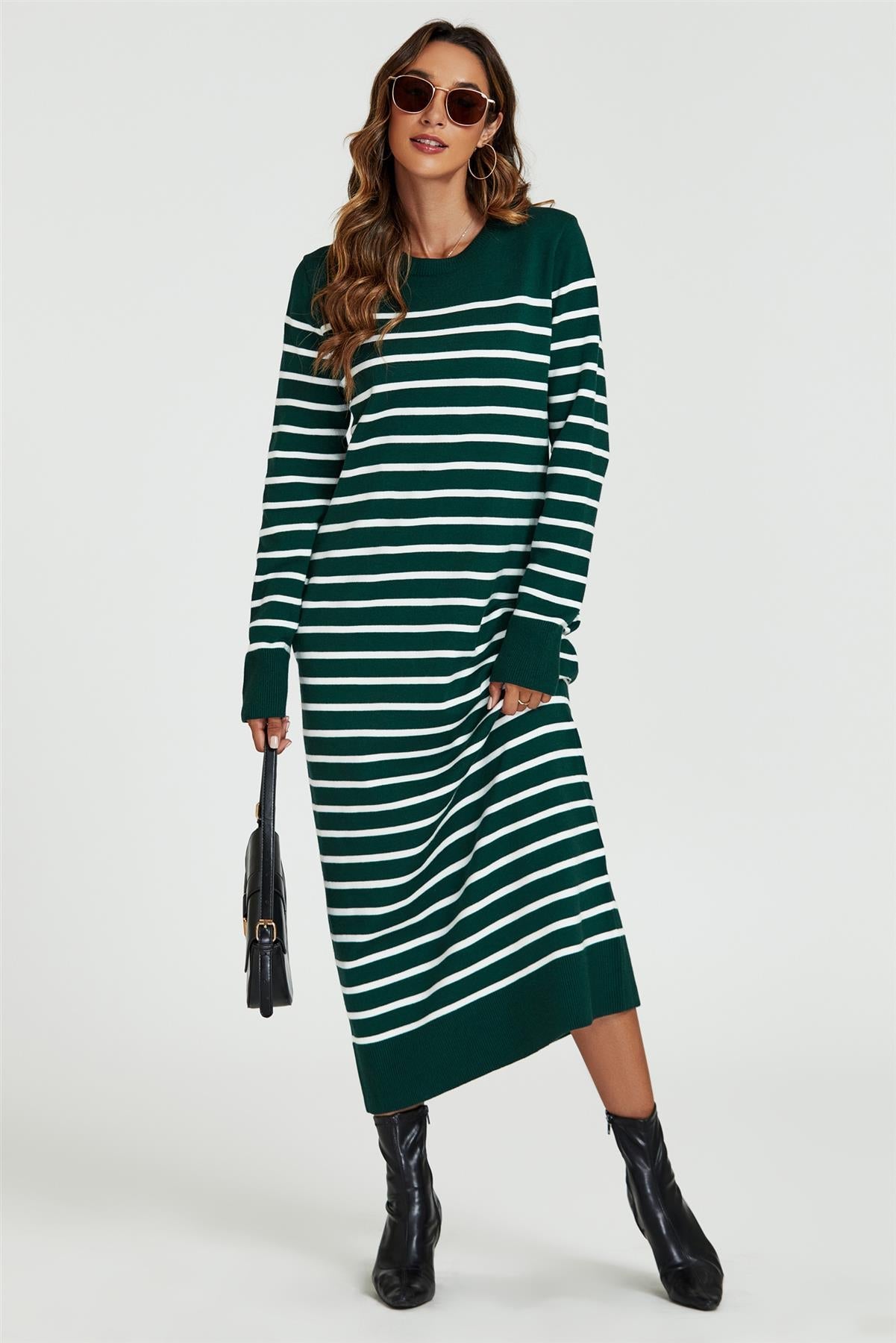 Stripe Pattern Knitted Tunic Jumper Dress In Dark Green - AXON