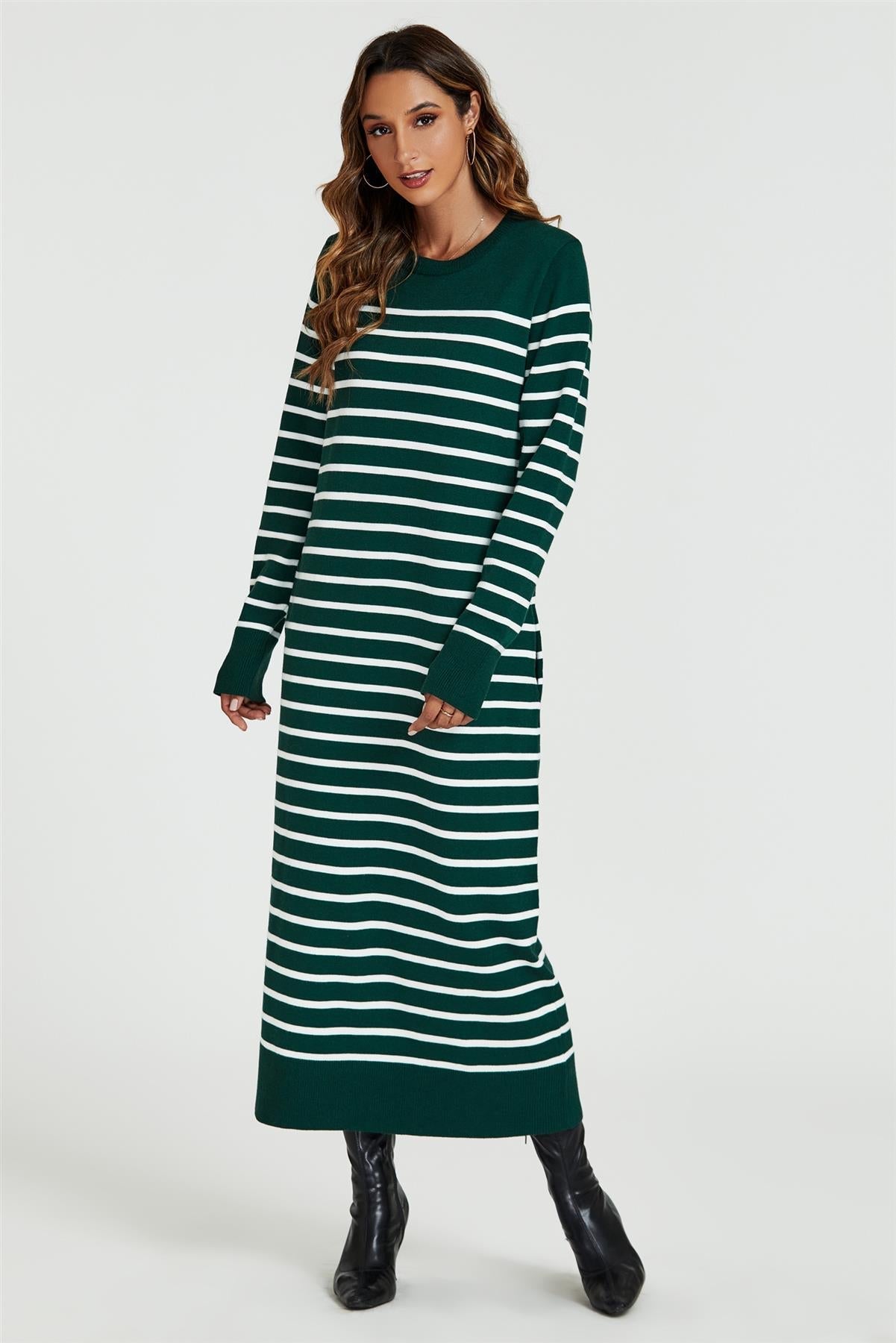 Stripe Pattern Knitted Tunic Jumper Dress In Dark Green - AXON