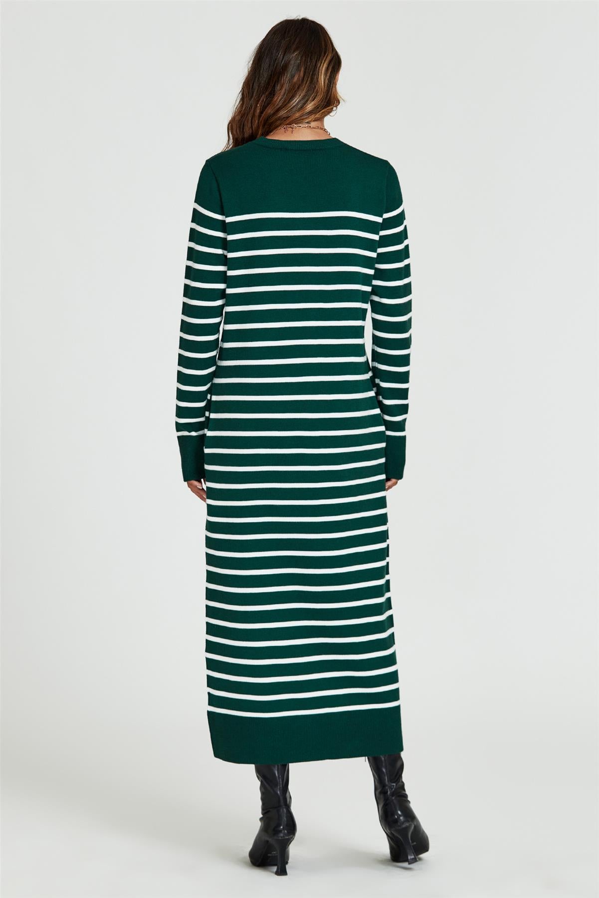 Stripe Pattern Knitted Tunic Jumper Dress In Dark Green - AXON