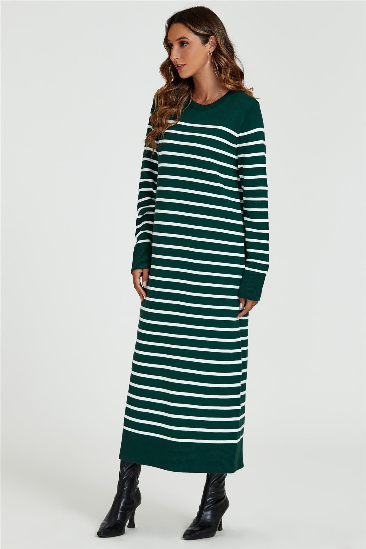 Stripe Pattern Knitted Tunic Jumper Dress In Dark Green - AXON